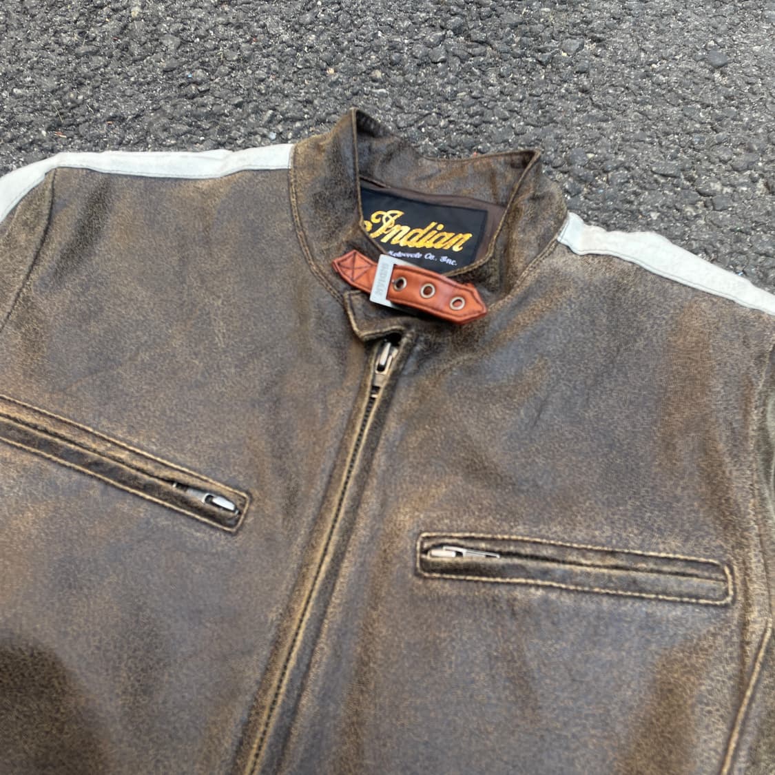 90s 인디언 모터사이클 워싱 브라운 리얼 레더 싱글 라이더 가죽 자켓 상품이미지3