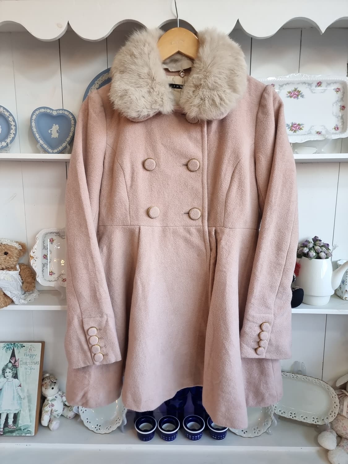 핑크 퍼 카라 플레어 코트 상품이미지1