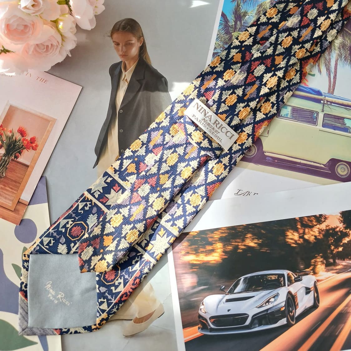 니나리치 실크 네이비 에스닉 패턴 넥타이 9.7cm A+등급 A19460 상품이미지6