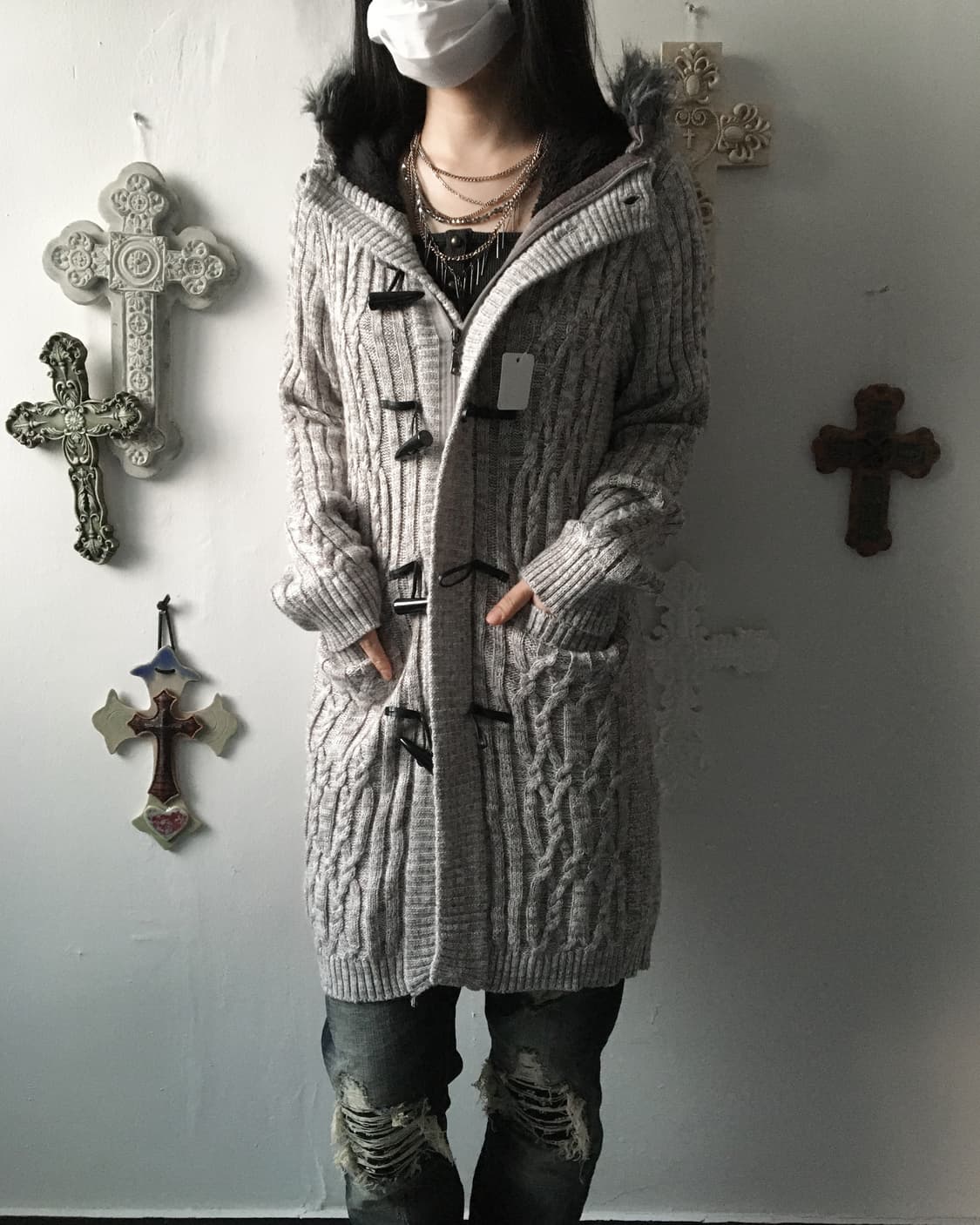 Fake fur hood duffle button knit cardiga 상품이미지1