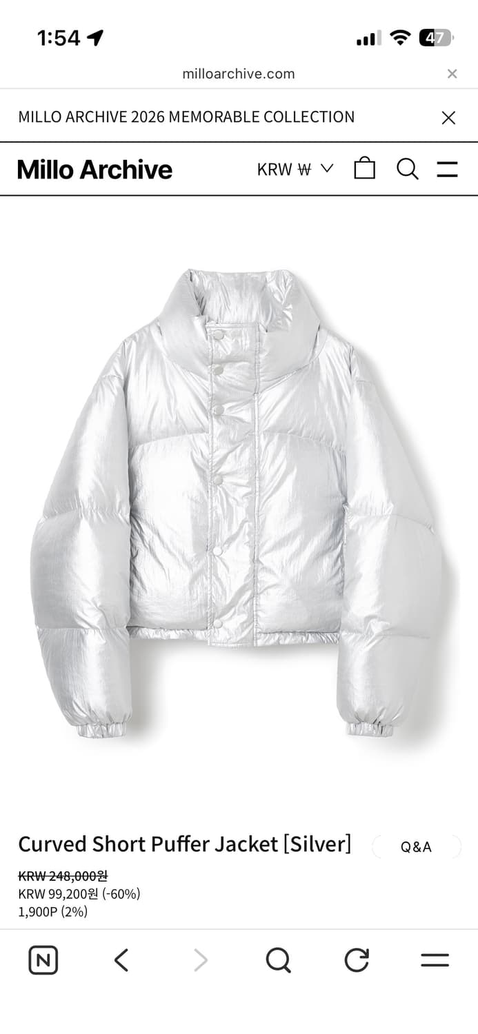 밀로우먼 커브드 숏 푸퍼 자켓 패딩 실버 상품이미지4
