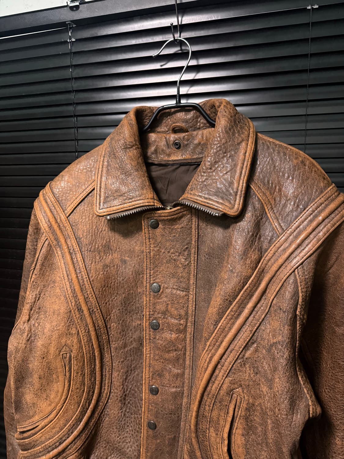 SK 레더 가죽 양가죽 카멜 브라운 빈티지 블루종 봄버 점퍼 하이넥 집업 상품이미지4