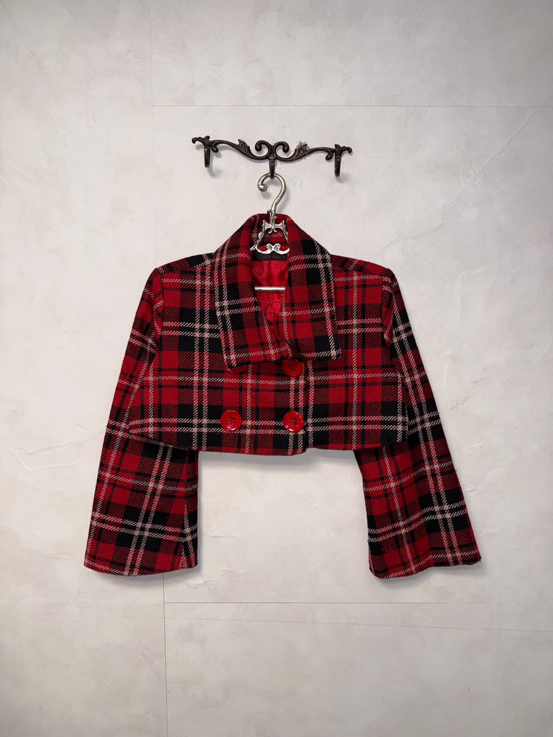 Red black tartan check crop double jk 상품이미지1
