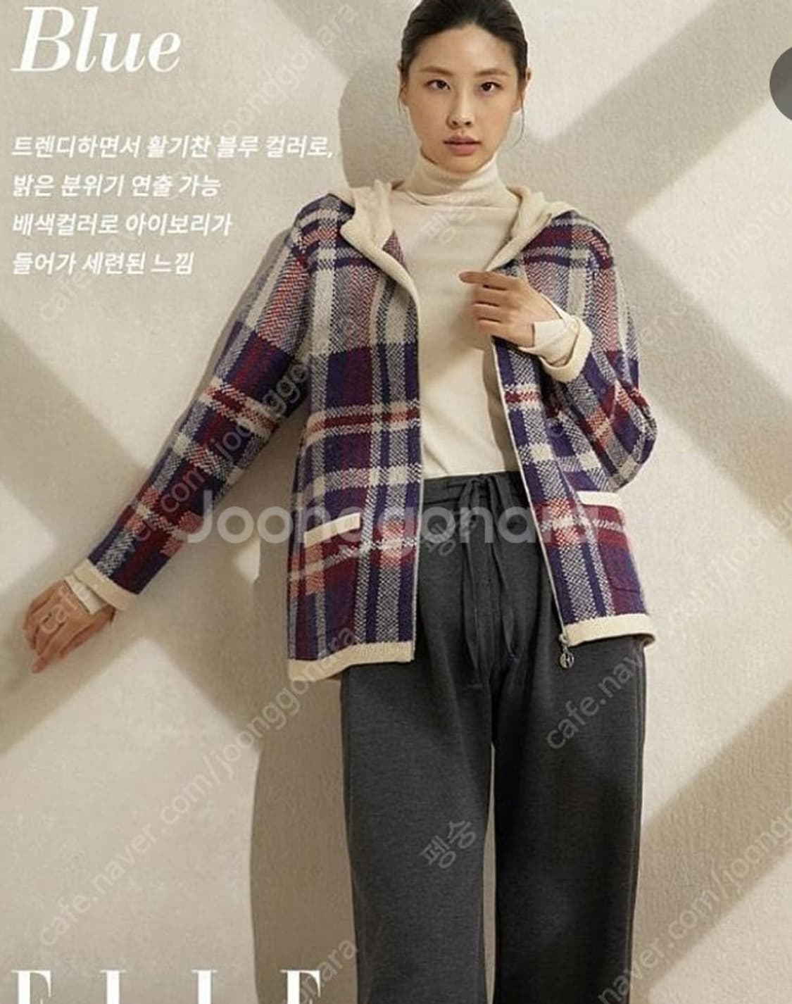 에르 ELLE 체크 패턴 니트 후드 집업 가디건 66사이즈 상품이미지1