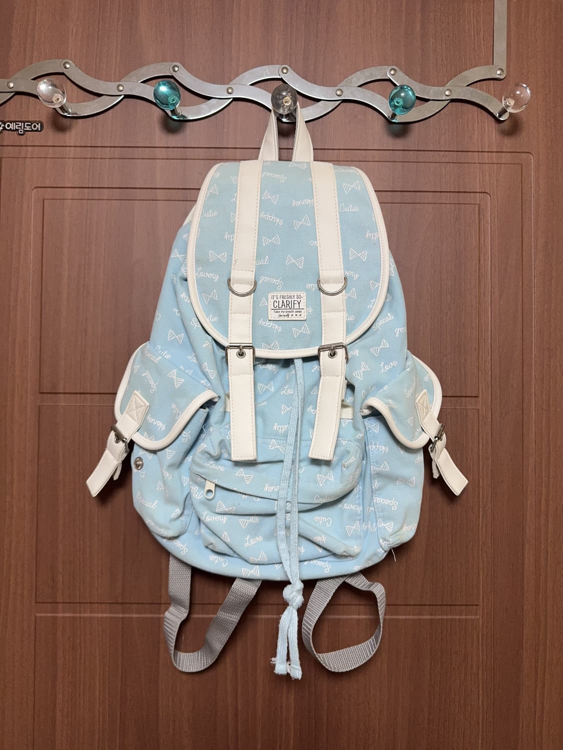 일본 빈티지 모리걸 하늘색 리본 패턴 쓰리포켓 백팩 모리 가방 상품이미지1