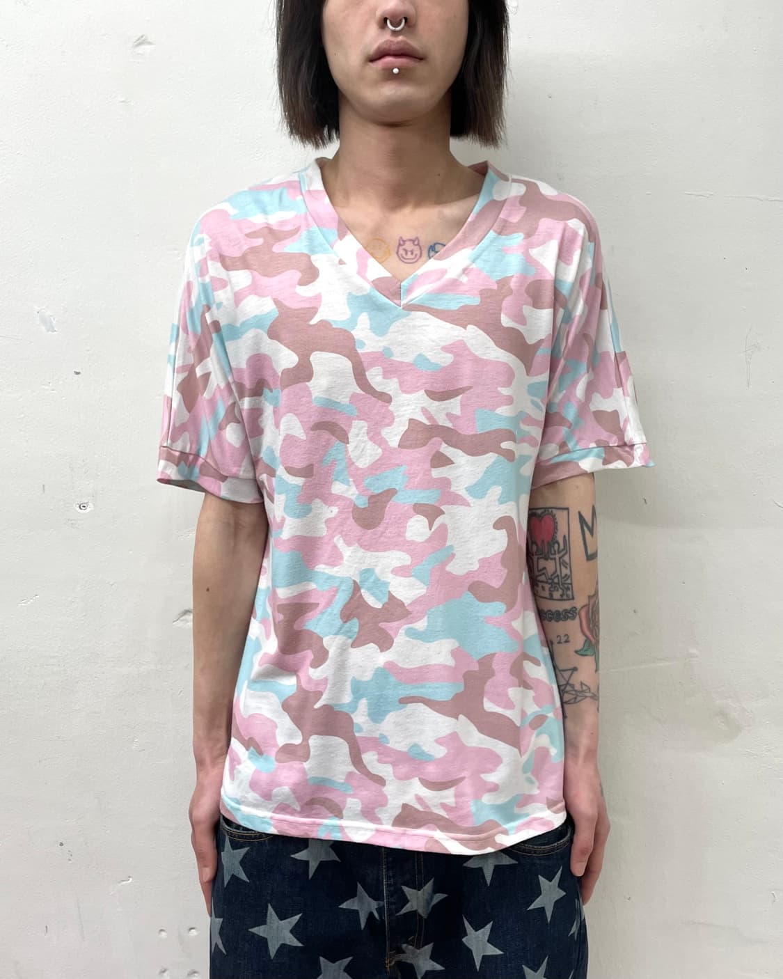  Pink camouflage V-neck T-shirt  상품이미지1