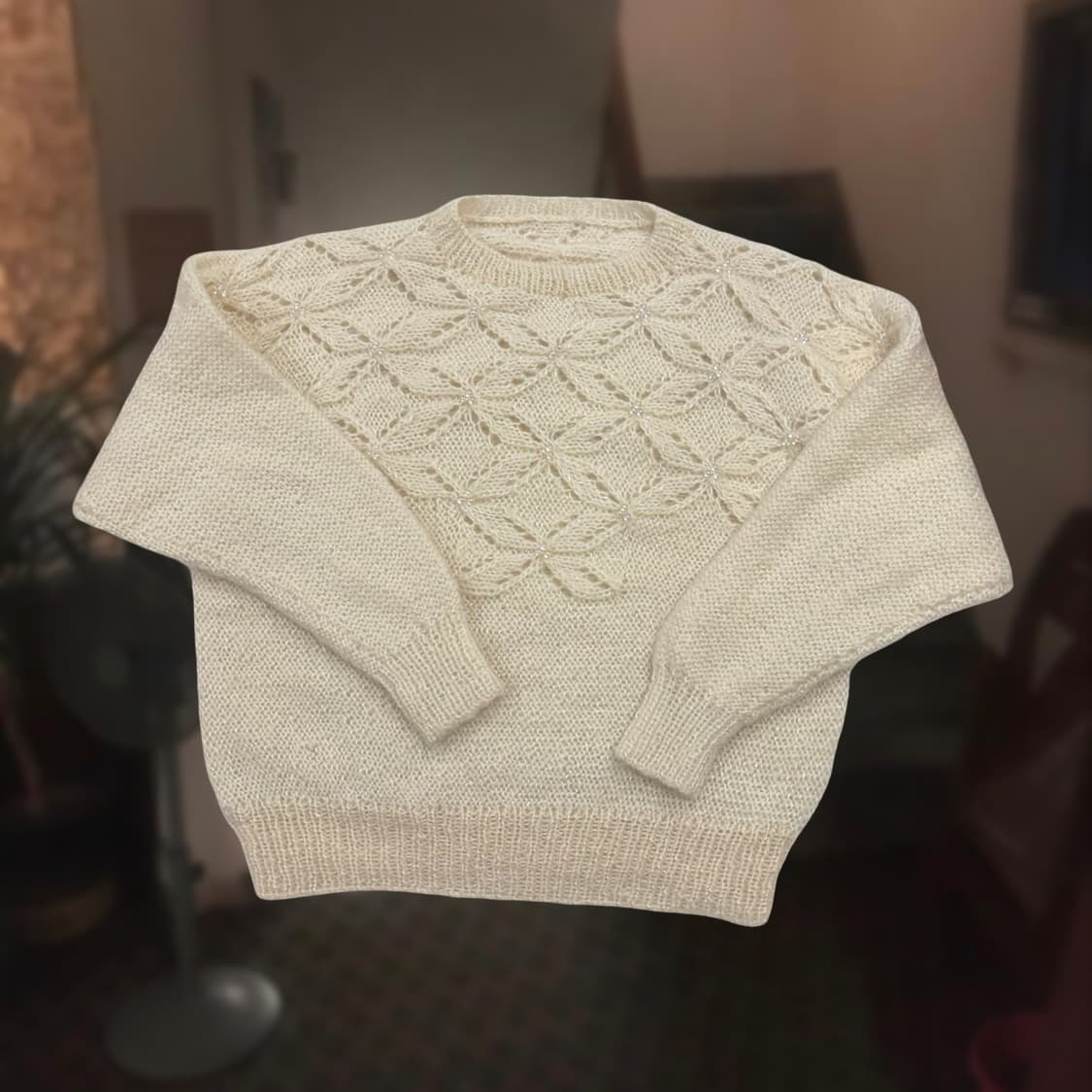 일본 빈티지 아이보리 비즈 루즈핏 울 니트 상품이미지4