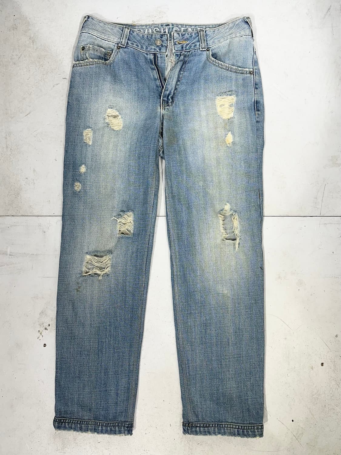에비수 와이드 데미지 워싱 연청 데님 팬츠 자수 청바지 30 상품이미지5