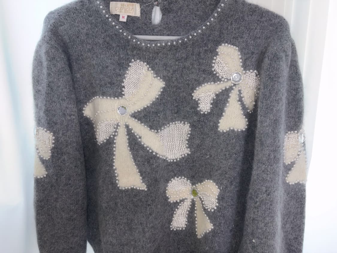 리본 진주알 큐빅 그레이 니트 빈티지 상품이미지3