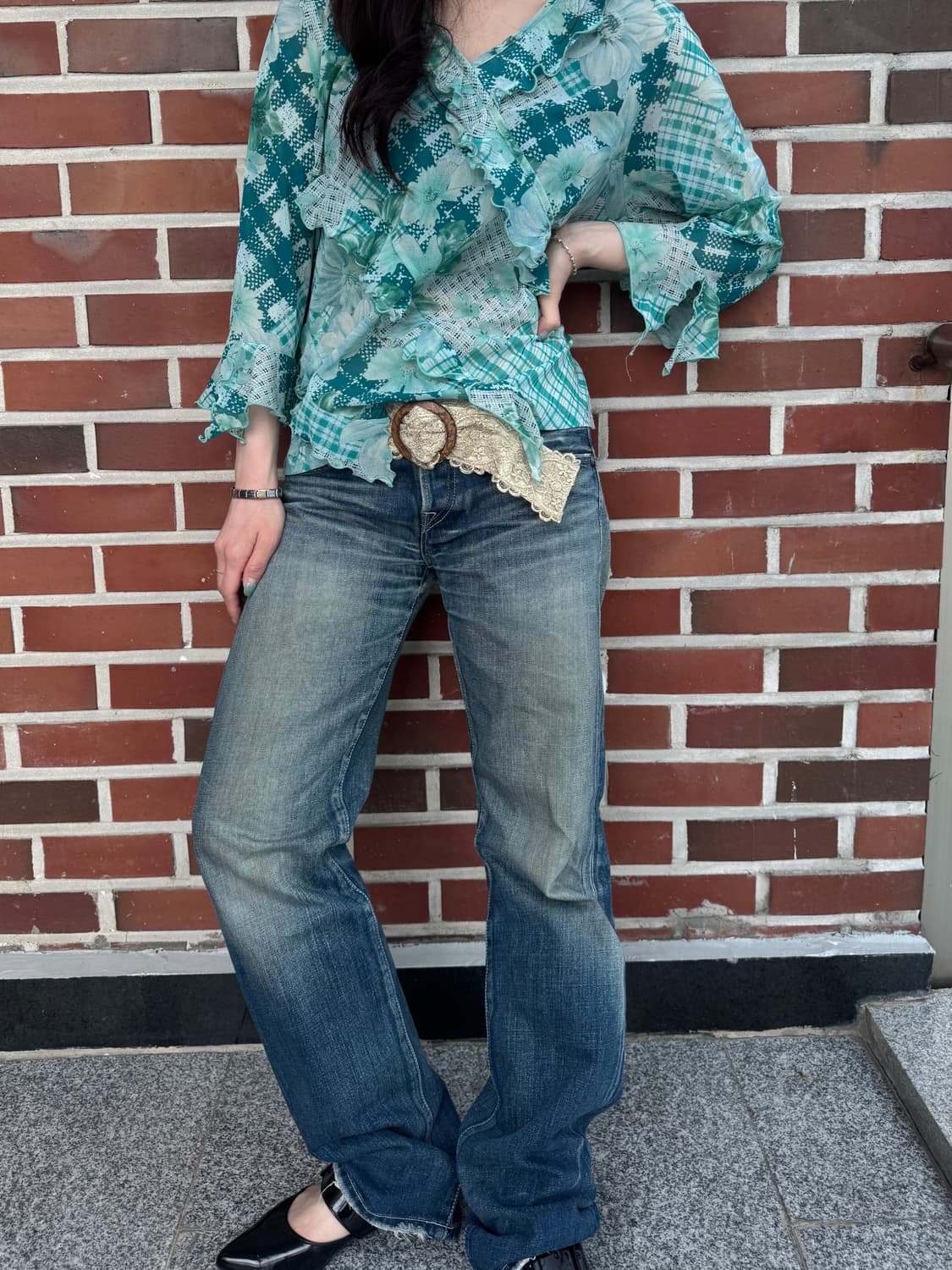 오리엔탈 민트 플라워 블라우스 상품이미지3