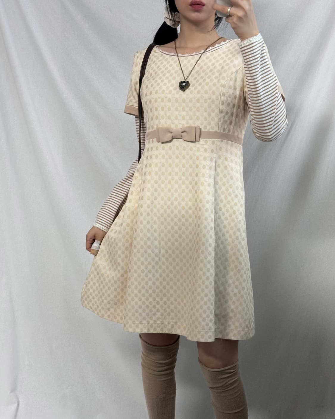 도트 패턴 리본 원피스 레이스 이너 티 2pcs SET 상품이미지3