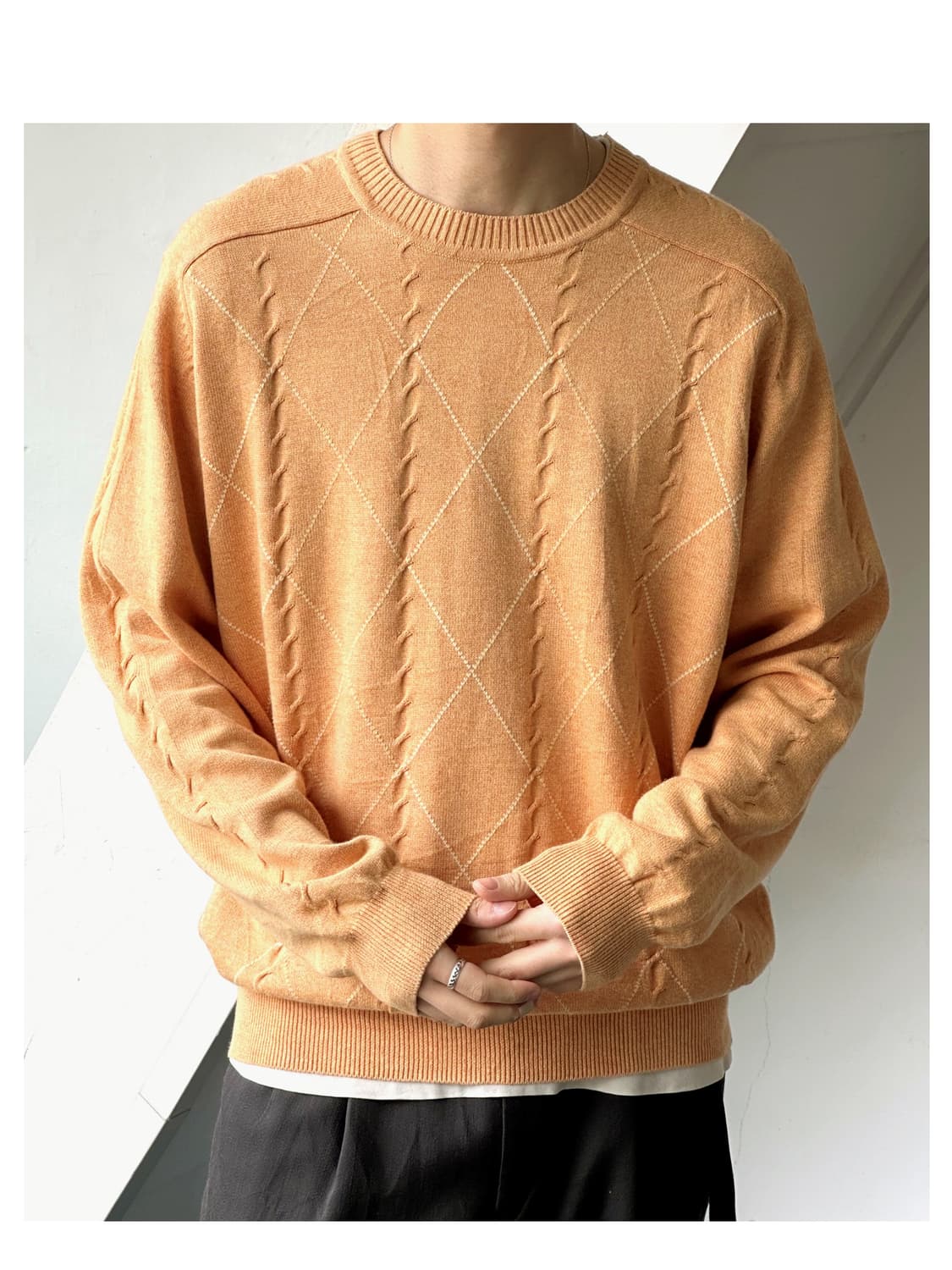 Cotton patterned stitch crew neck knit P 상품이미지1