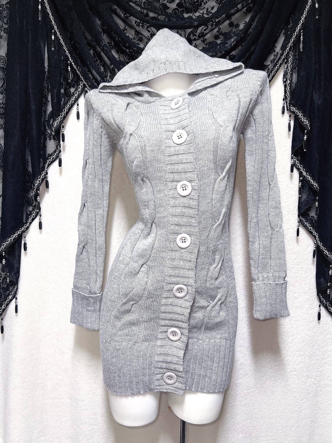 그레이 꽈배기 후드 니트원피스 가디건 로맨틱갸루 로걀 섹시 펑크 y2k 상품이미지2