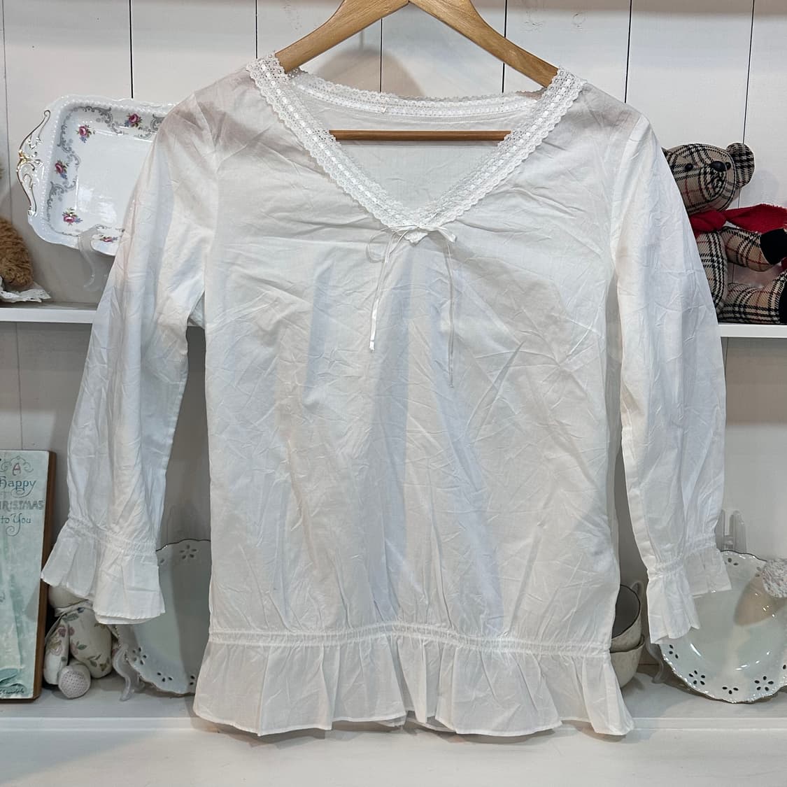 화이트 레이스 프릴 블라우스 7부 상품이미지2