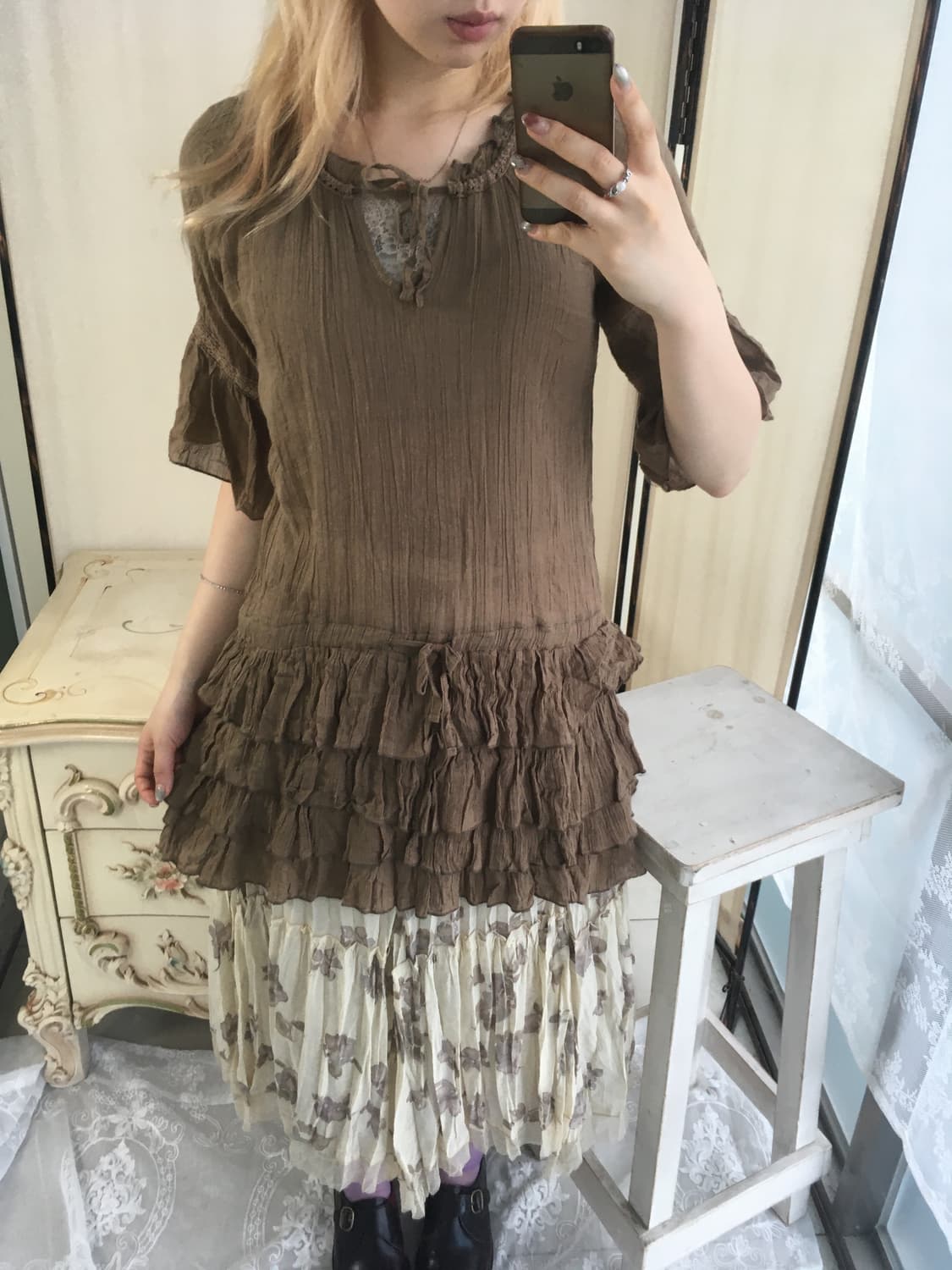 빈티지 모리 브라운 쉬폰 레이어드 캉캉 원피스 상품이미지1
