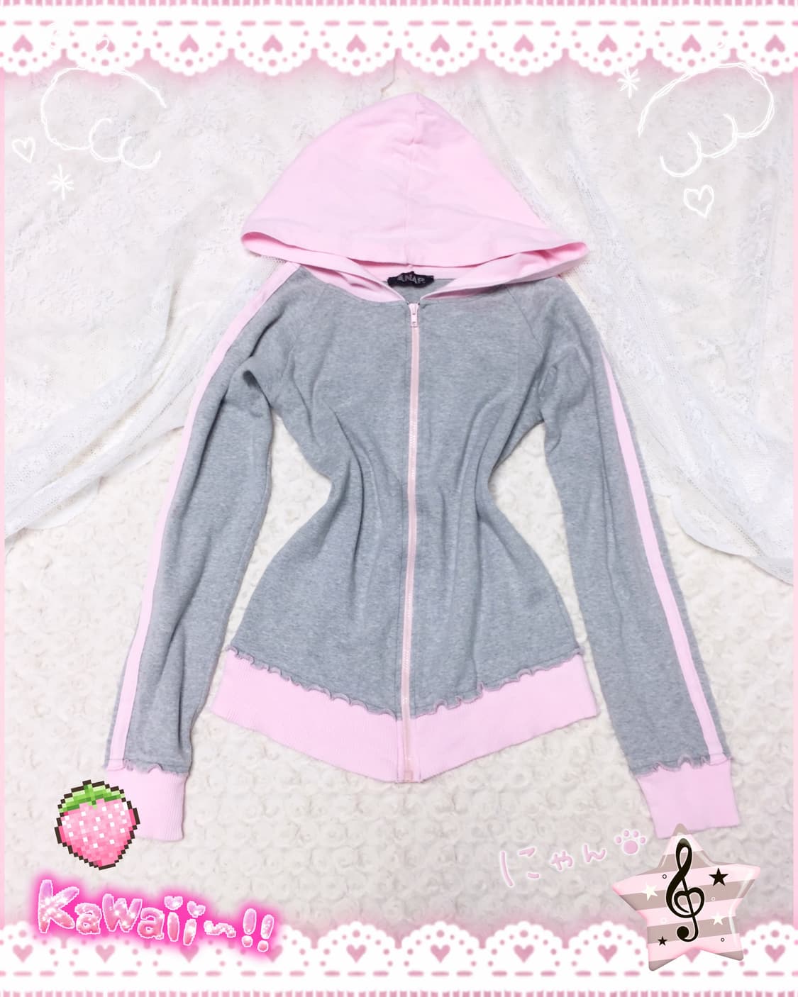 빈티지 핑크그레이 배색 후드집업 상품이미지1