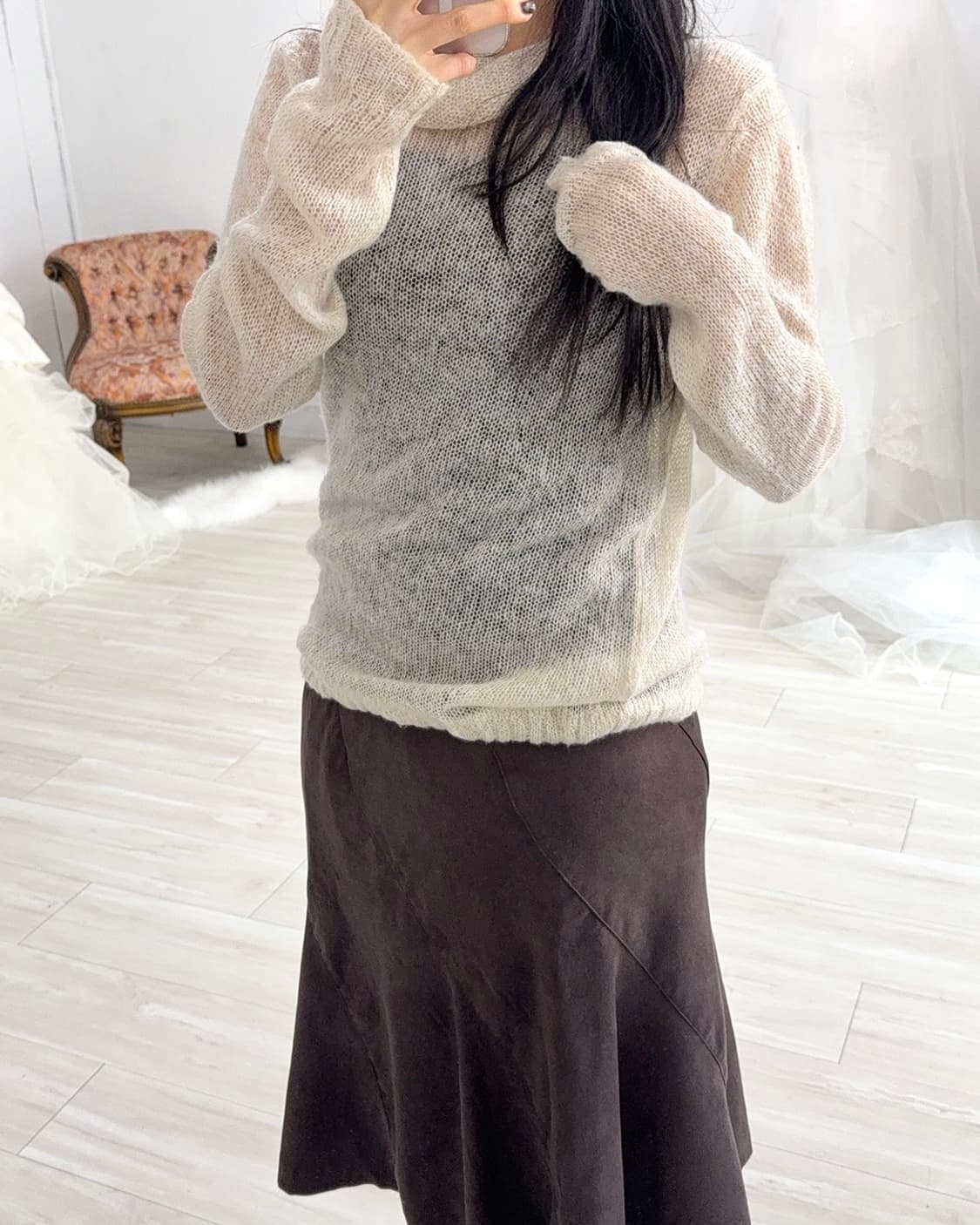 Light apricot Beige Ribbed Knit Turtlene 상품이미지6