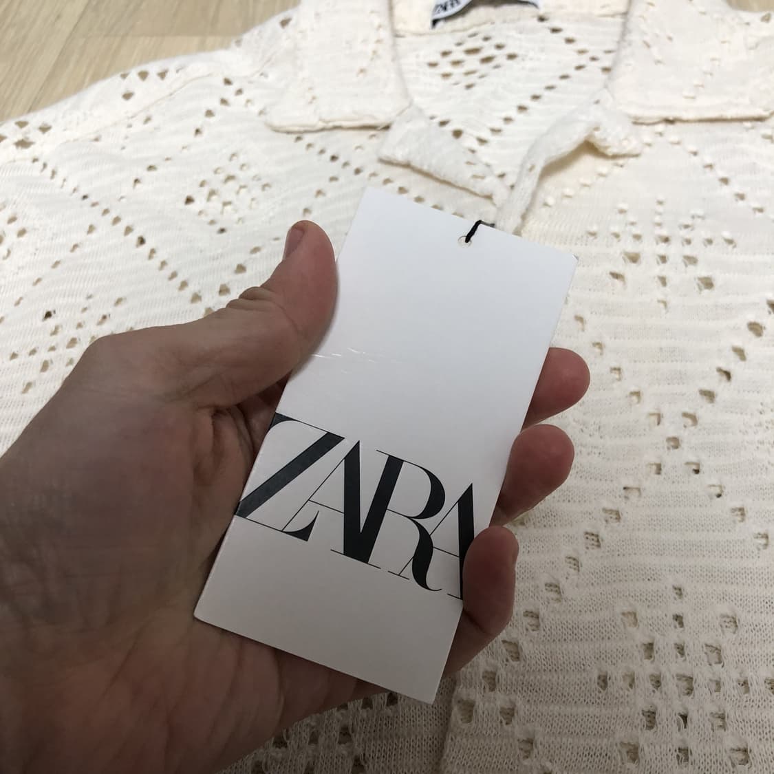 (L) 새상품 ZARA 자라 텍스처드 크로셰 반팔 셔츠 아이보리 상품이미지4