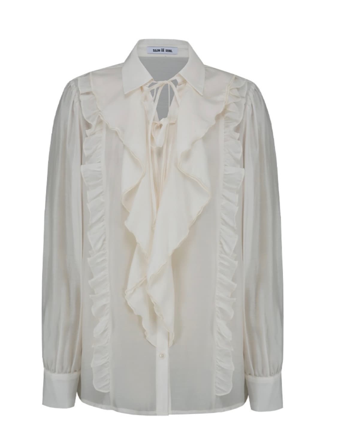 살롱드서울 러플 리본 디테일 셔링 페미닌 타이 블라우스 아이보리 상품이미지1
