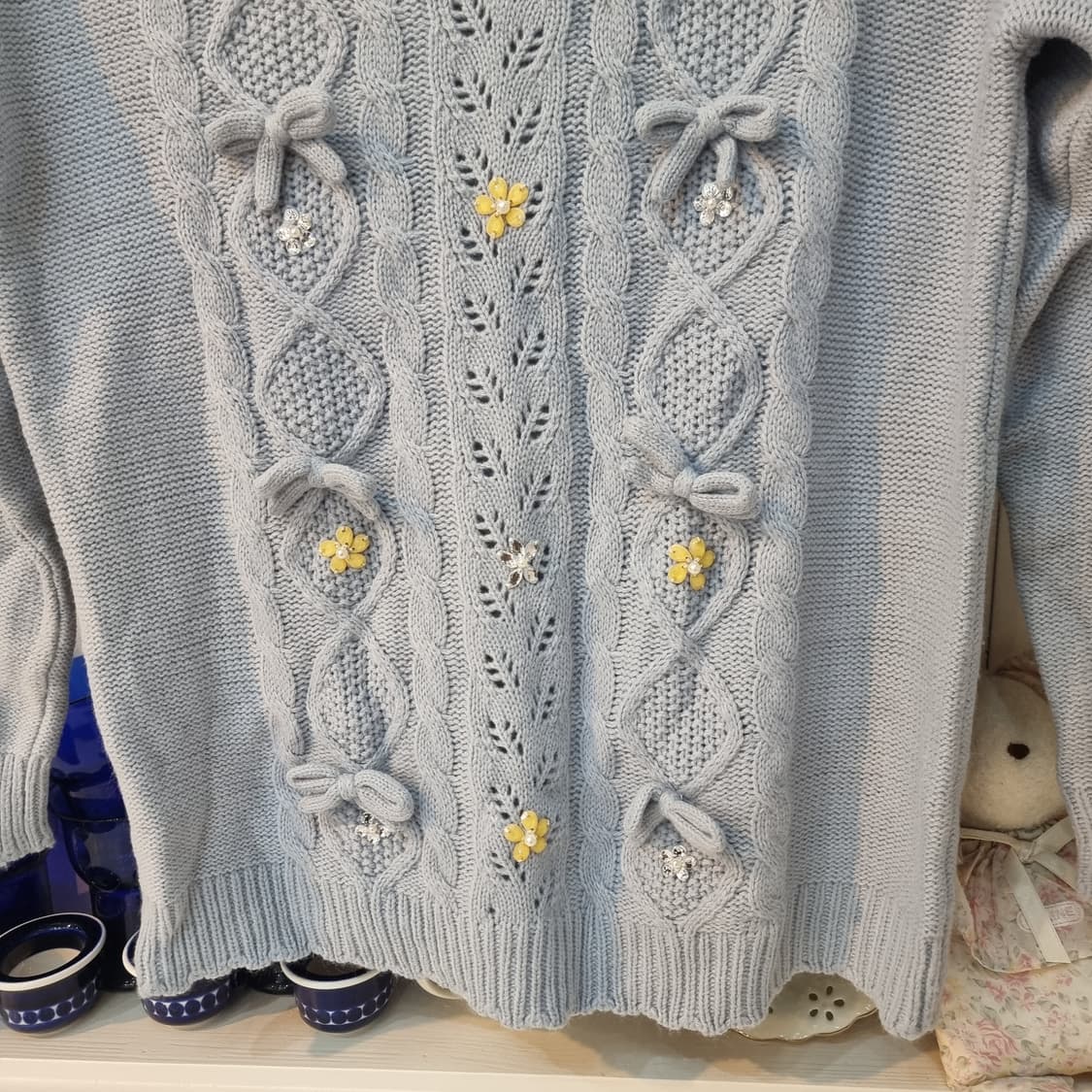 Ank Rouge 앙크루즈플라워 비즈 리본 꽈배기 니트 상품이미지3