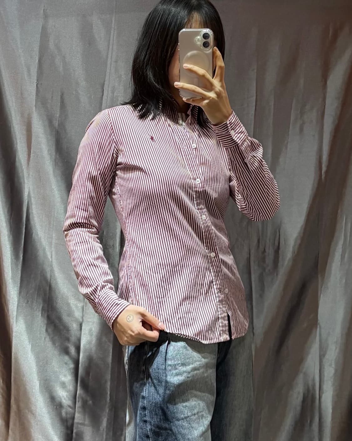 2 폴로랄프로렌 우먼스 버건디 스트라이프 셔츠 상품이미지1