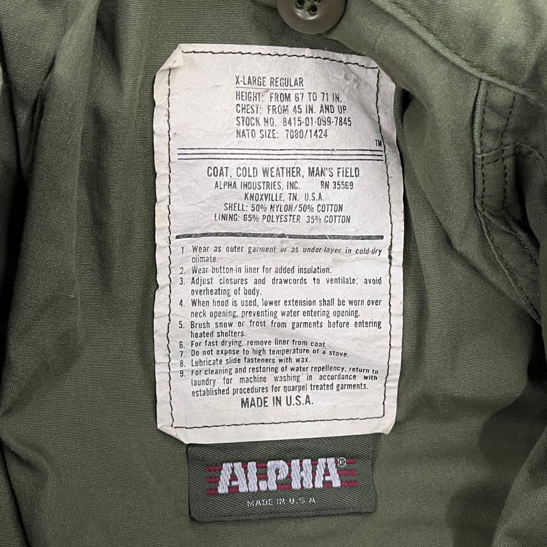[정품] 알파인더스트리 밀리터리 야상 M65 필드 자켓 그린 b10 상품이미지5