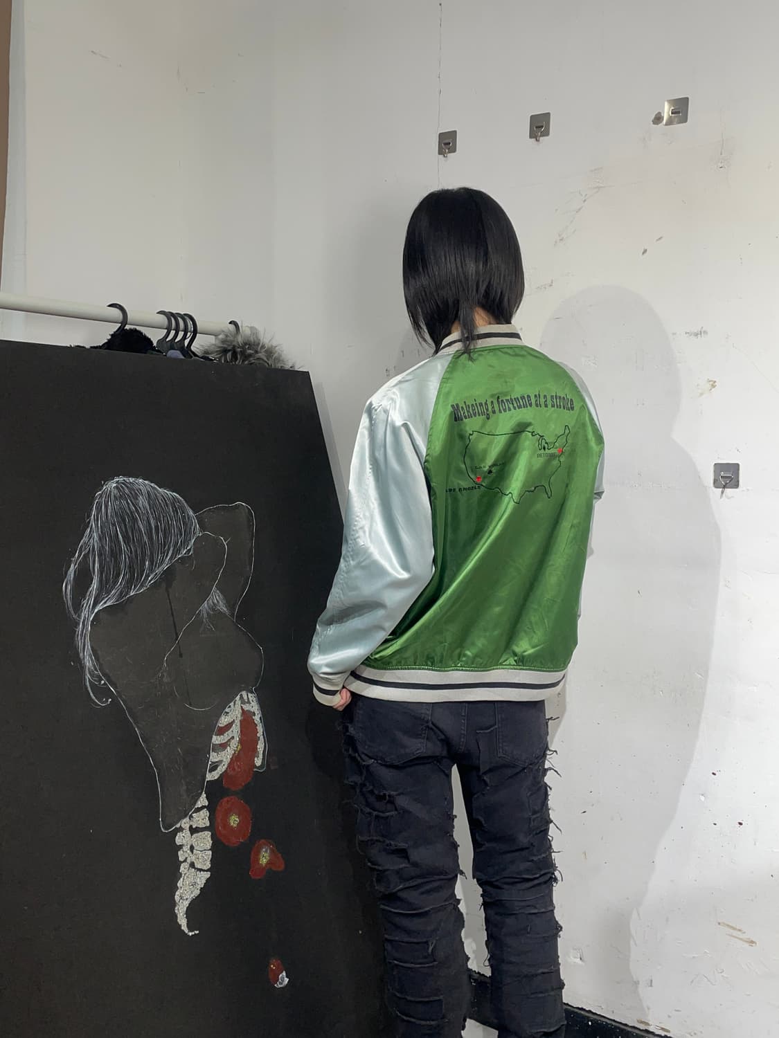 Jpn 일본 빈티지  해골 프린팅 바시티 자켓 오버핏 스카쟌 M 상품이미지4