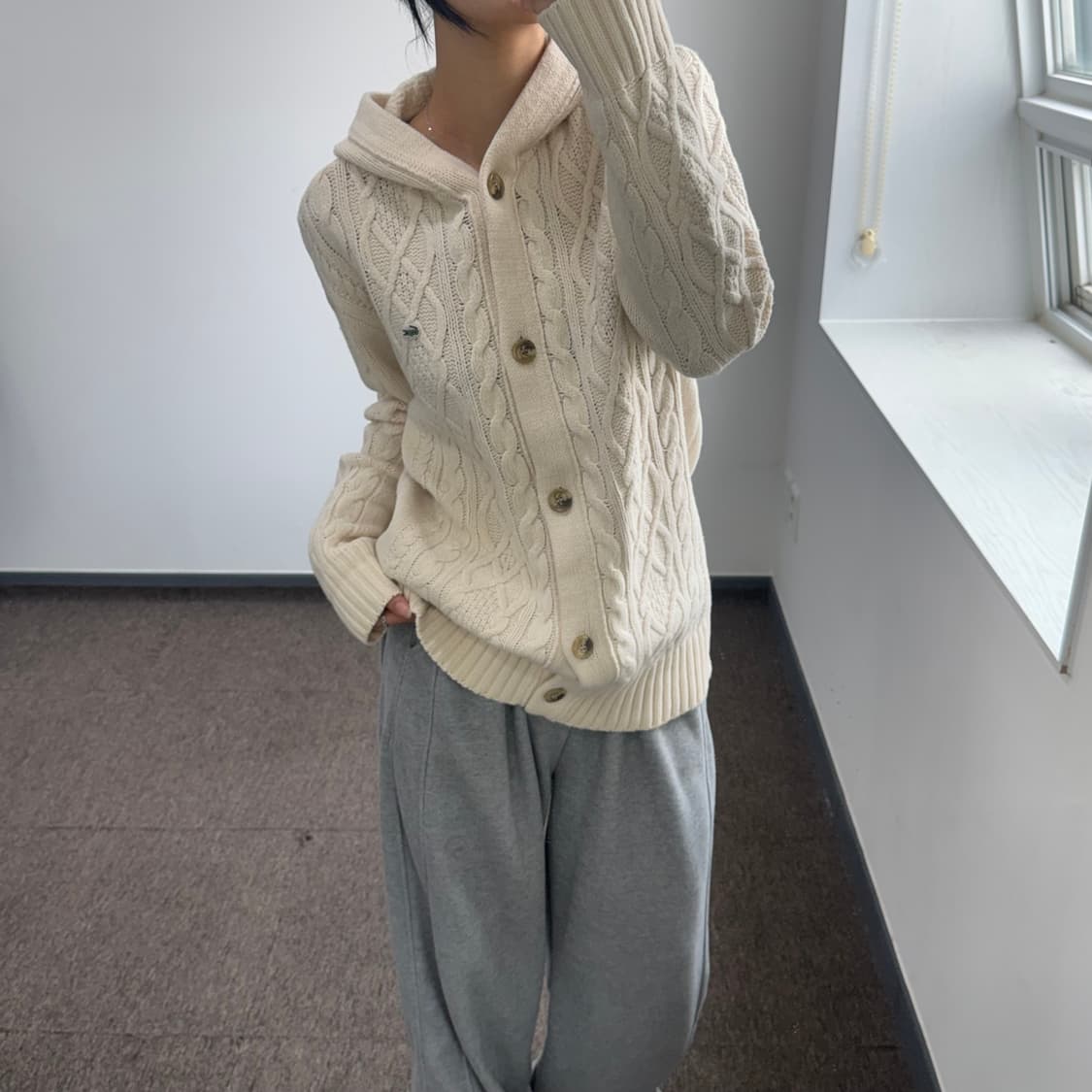 Lacoste 라코스테 스몰로고 아이보리 니트 후드가디건 상품이미지1