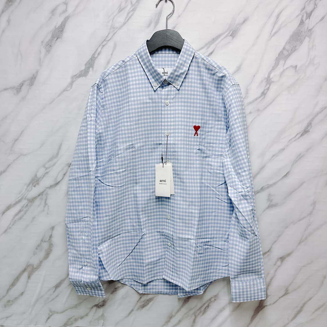 아미 남녀공용 스카이블루 체크 하트로고 셔츠 상품이미지1