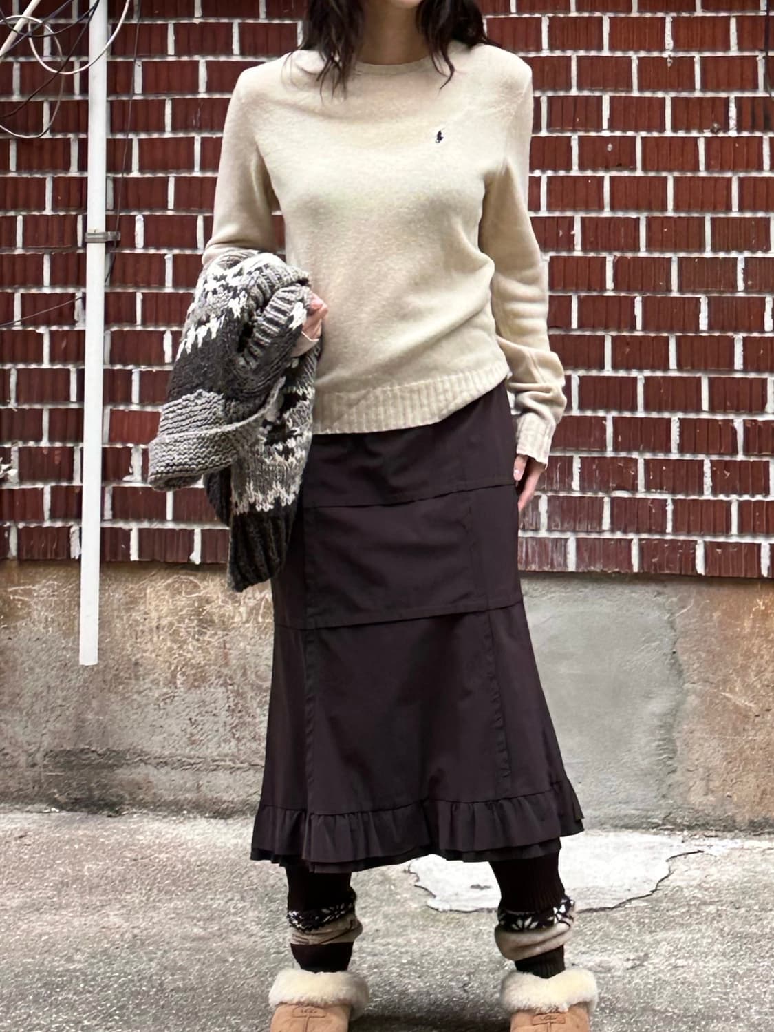 르마드 무스탕 코위찬 니트조끼 집업 폴로 니트 브라운 스커트 코디세트 상품이미지9