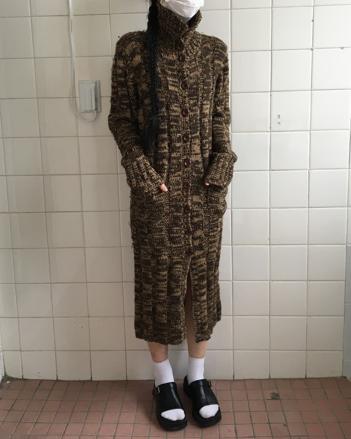 Belted high neck long knit cardigan 상품이미지1