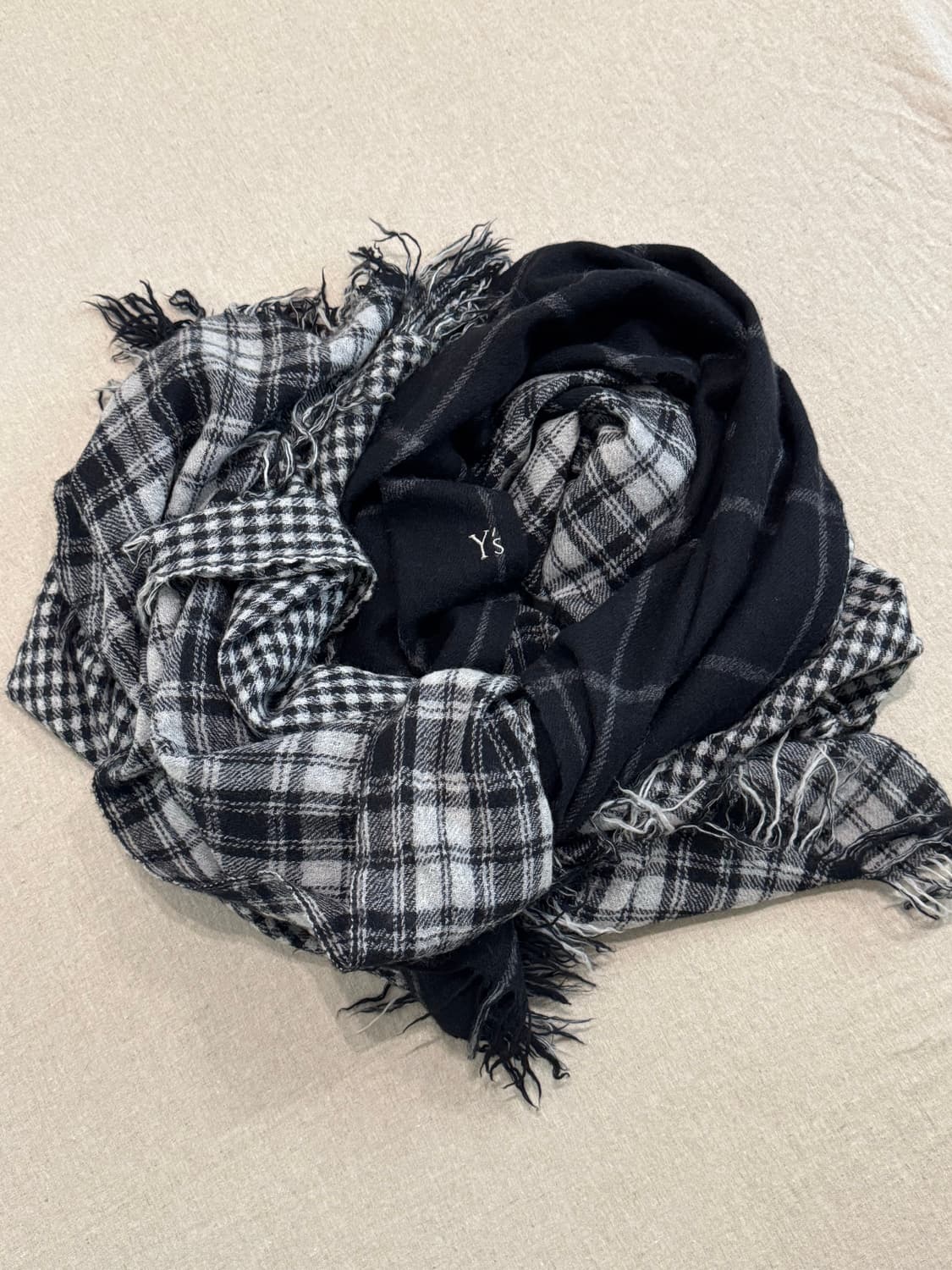 요지야마모토 레이어드 울 체크 머플러 상품이미지5