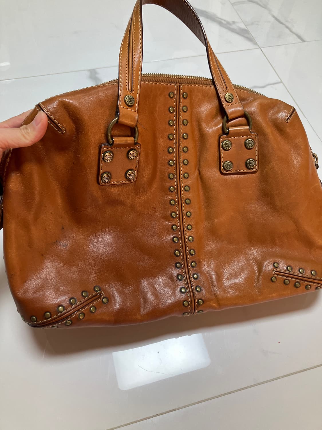 Y2K 빈티지 astor 미디움 스터드 보스턴백 브라운 토트백 상품이미지3