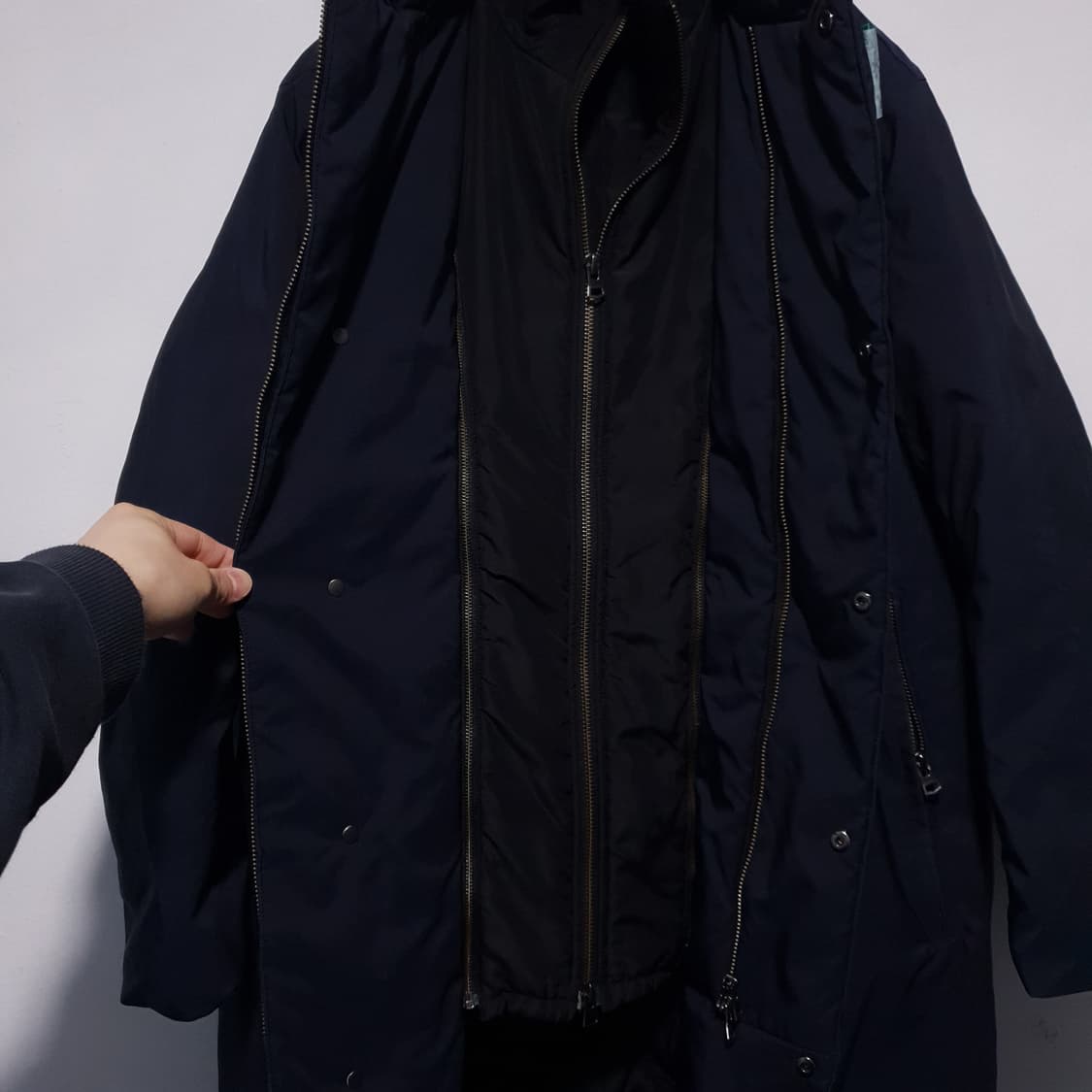 실측 M) Theory 띠어리 레이어드 다운 이중 패딩 코트 네이비 정품 상품이미지6