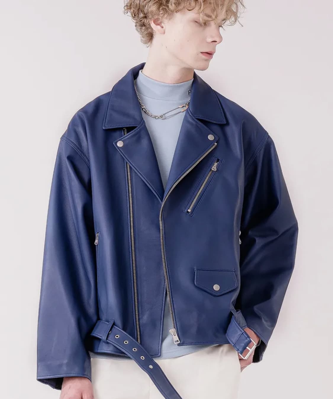 FLASK 양가죽 슈퍼 오버핏 라이더 자켓 블루 가죽자켓 상품이미지1
