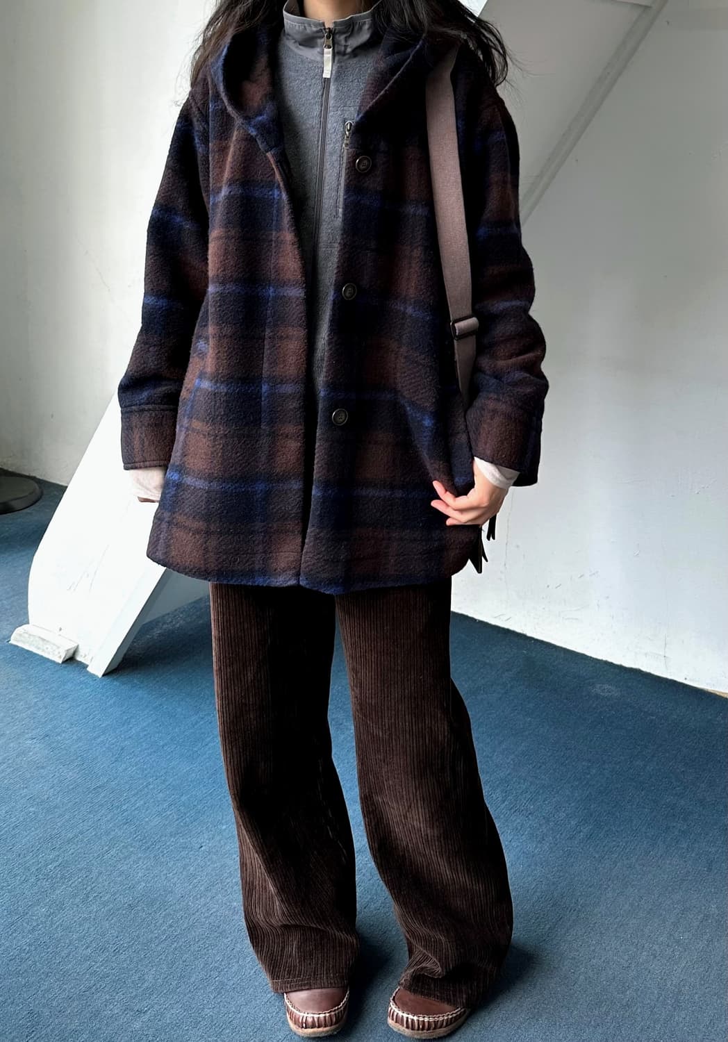Felted wool blend hooded check coat 상품이미지7