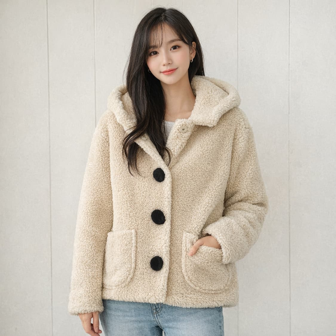 오즈세컨 울 100% 덤블 뽀글이 후드 자켓 아이보리 상품이미지2