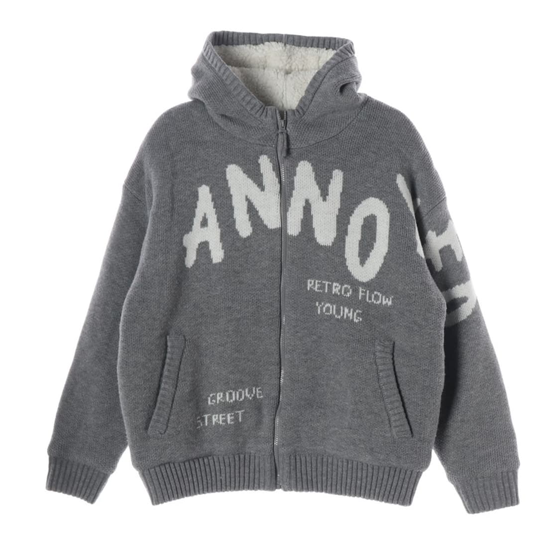 어노이드 그레이 레터링 양털 니트 집업 L 상품이미지1