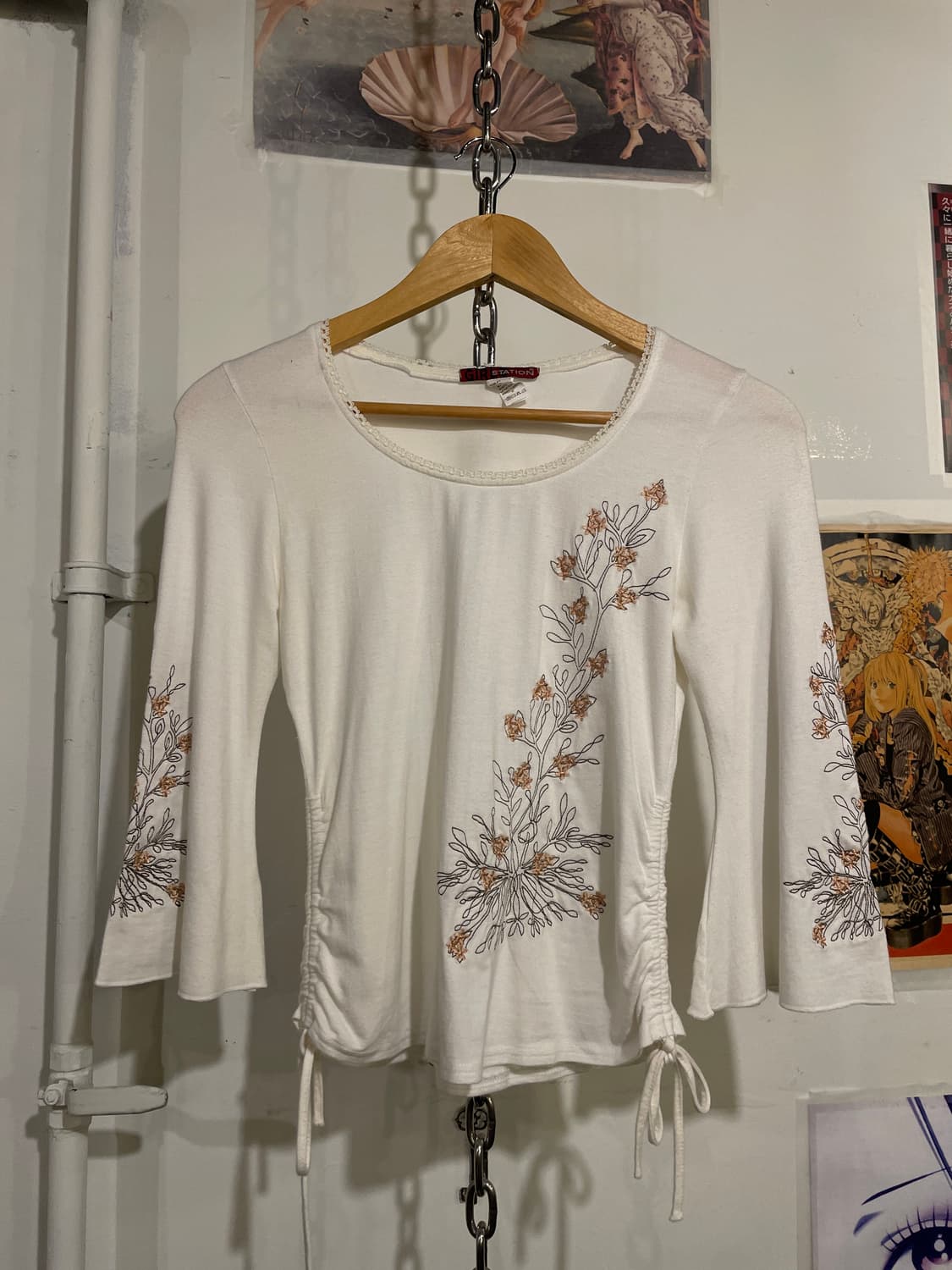 플라워 자수 셔링 화이트 플레어 7부 슬리브 모리 오리엔탈 보헤미안 상품이미지2