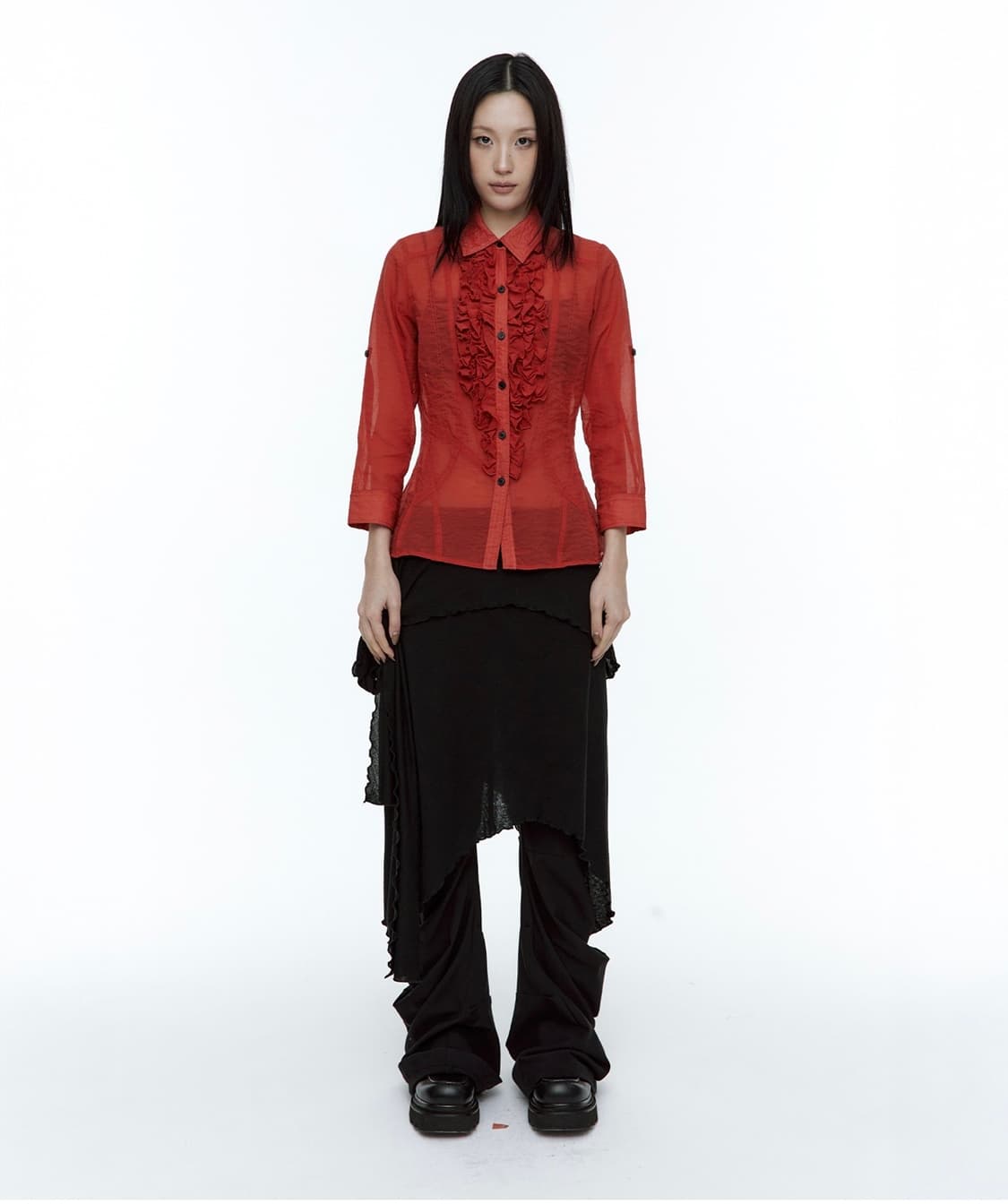 러프넥 프릴 시어 셔츠 레드 상품이미지1