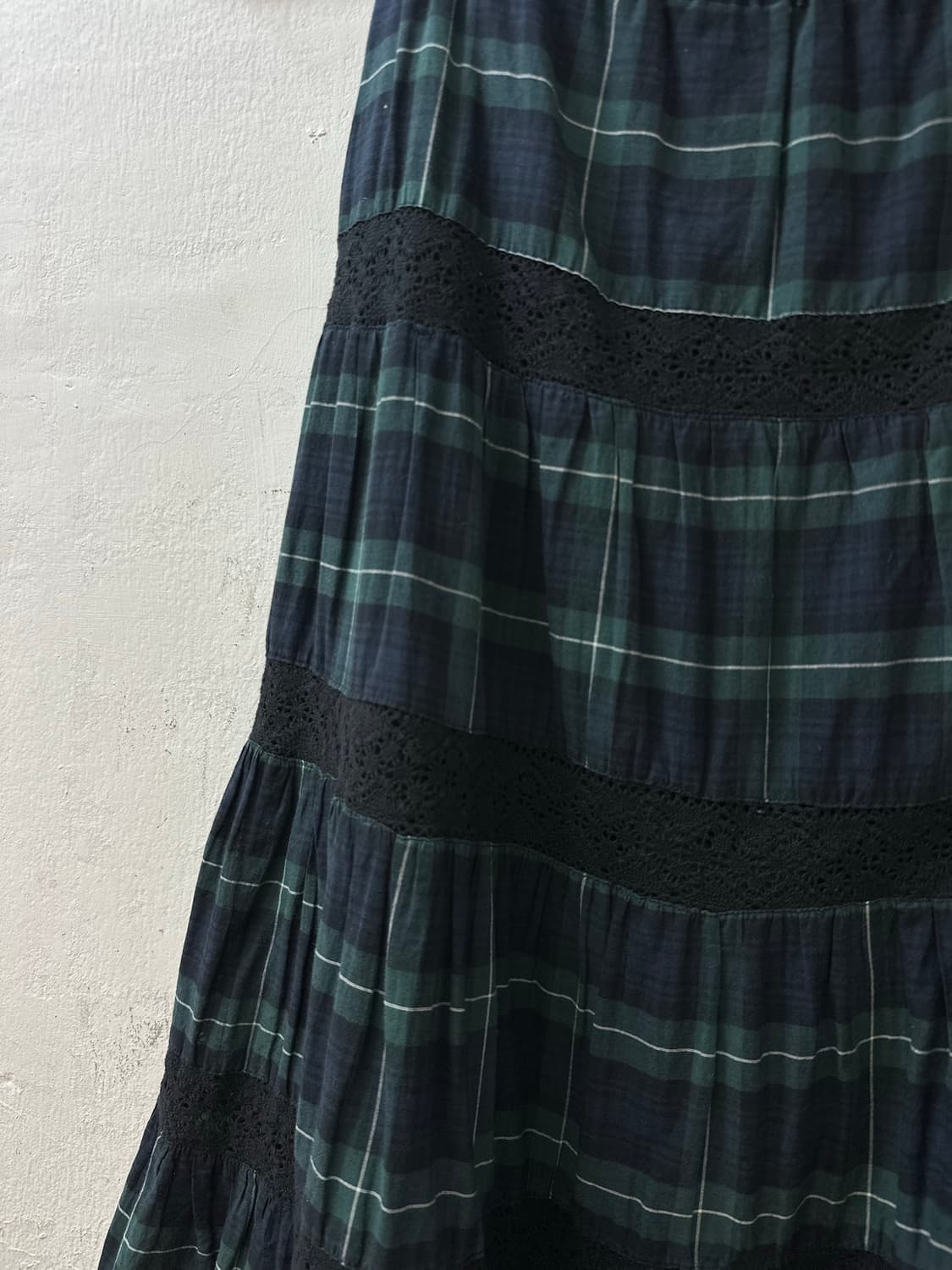 일본빈티지 그린 타탄 체크 레이스 티어드 캉캉 레이어드 코튼 스커트 상품이미지3