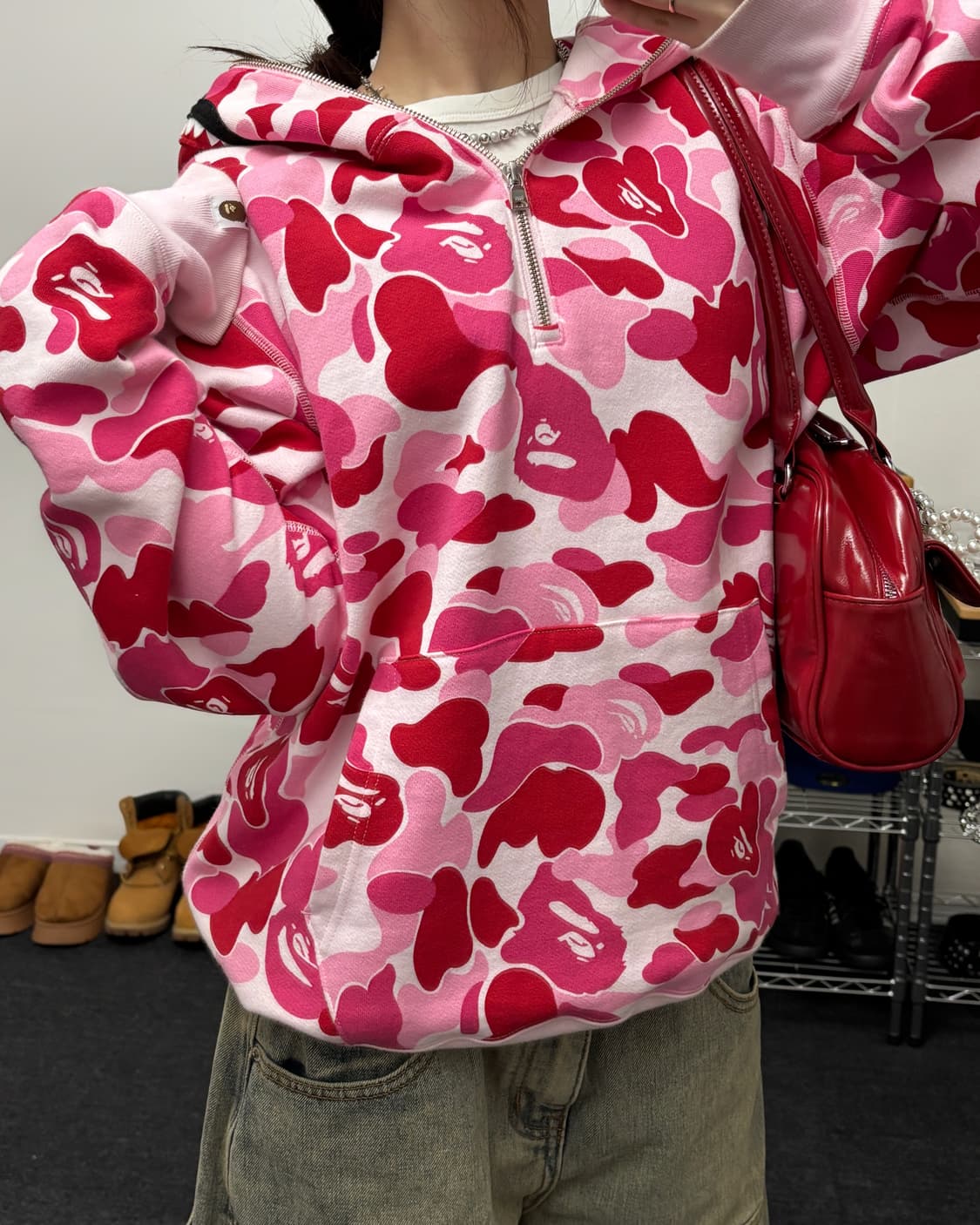 베이프 ABC 핑크 카모 샤크 하프집업 후디 상품이미지1