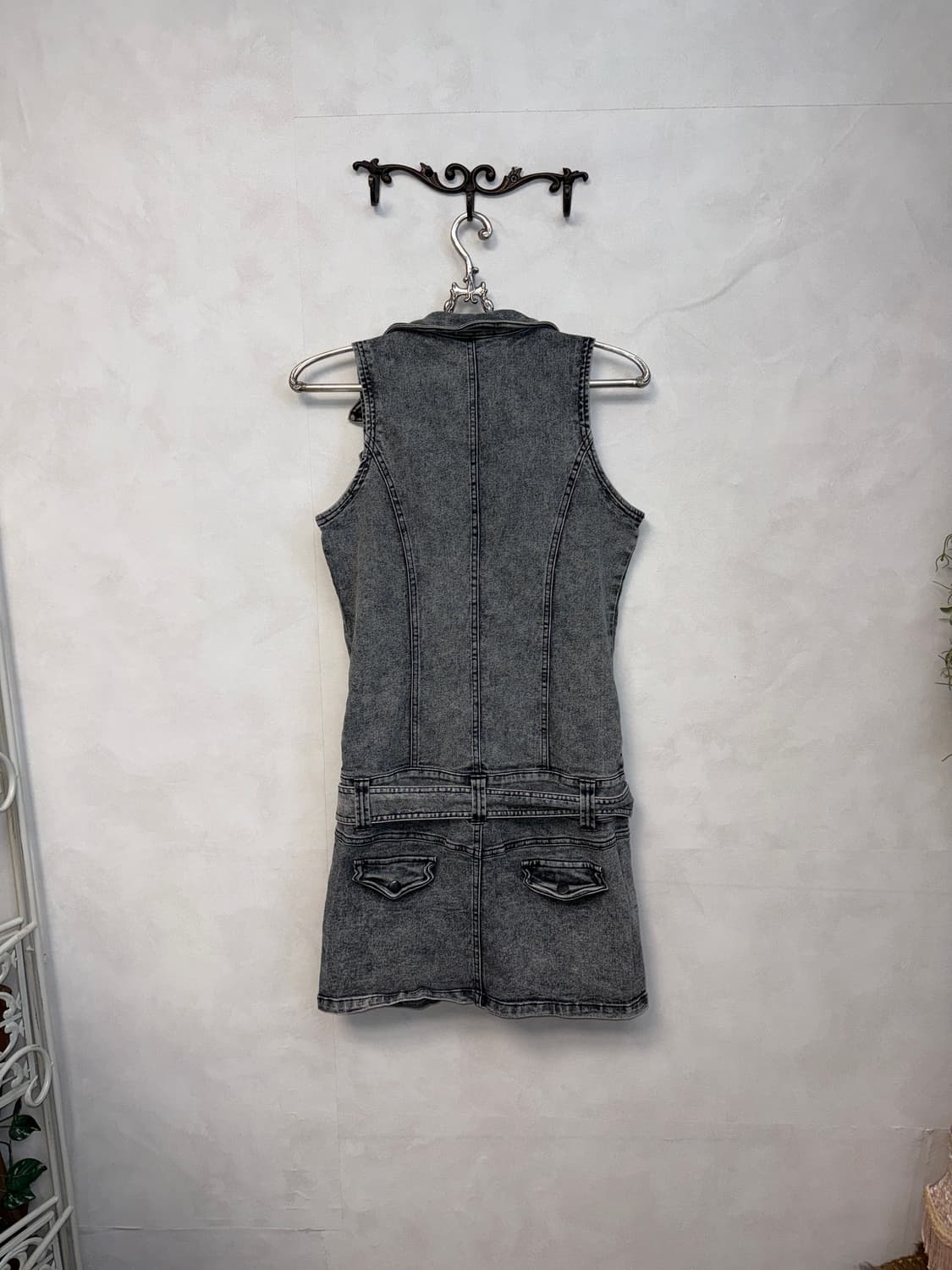 Washing black denim pocket belted ops 상품이미지3