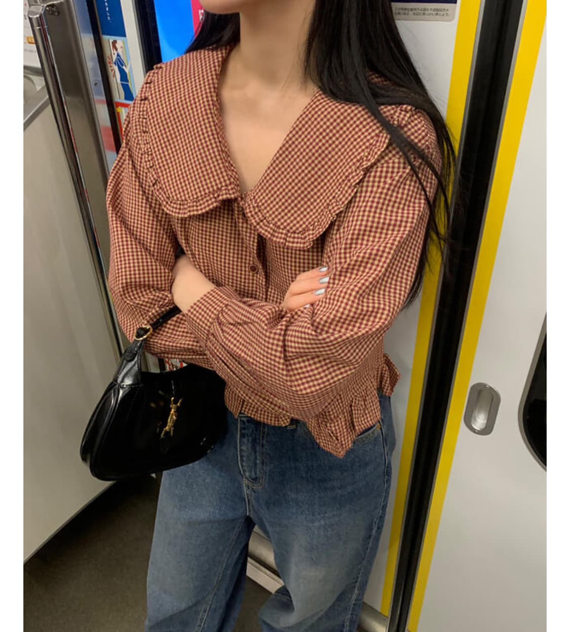 리넨느 체크 프릴 블라우스 상품이미지2