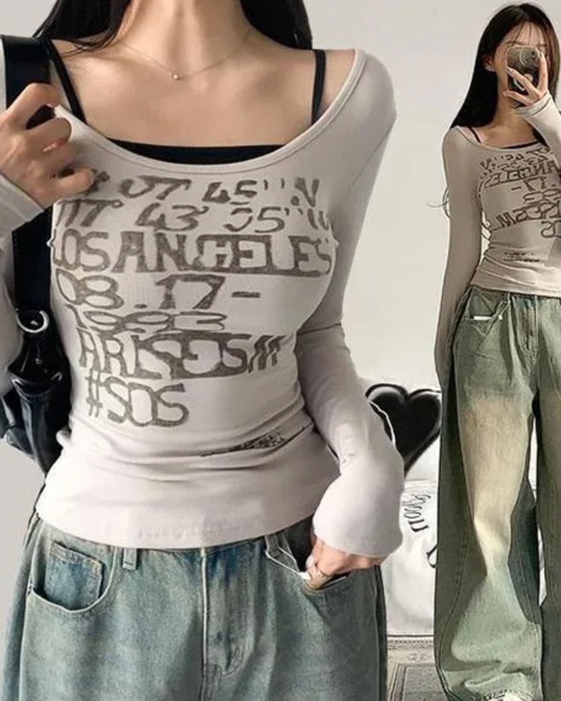 에이블리 유넥레터링 긴팔티셔츠 베이지 상품이미지2