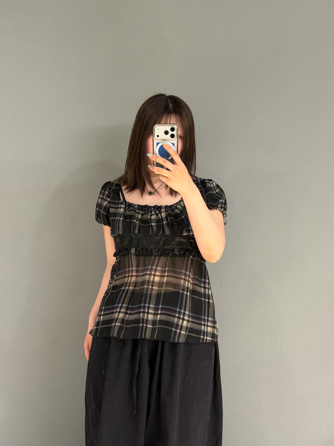 puff sleeve see-through check top 상품이미지2