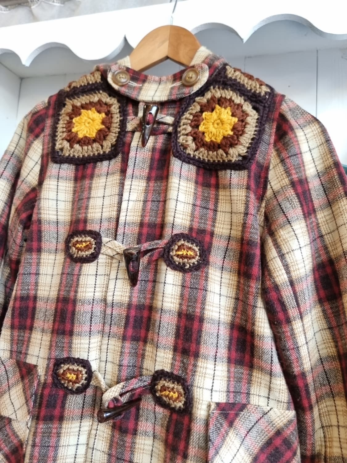 빈티지 체크 니트 디테일 더플 코트 상품이미지2