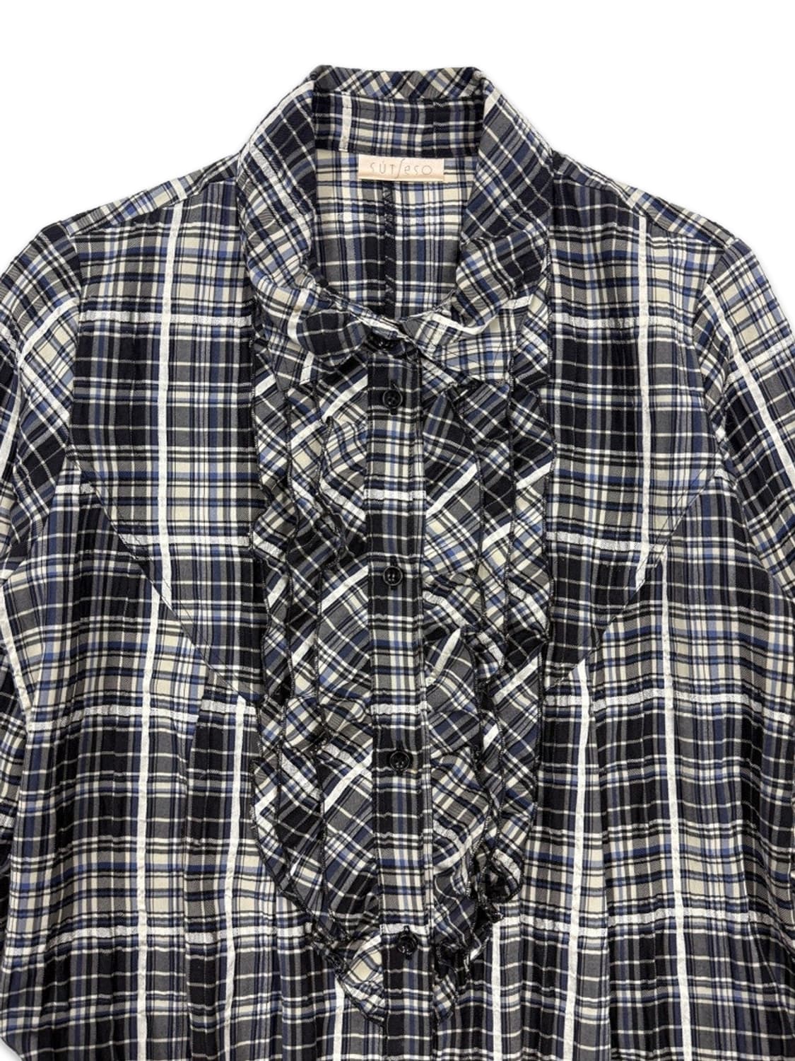 빈티지 sut/eso 블루 체크 프릴 셔링 셔츠 미니 원피스 상품이미지3