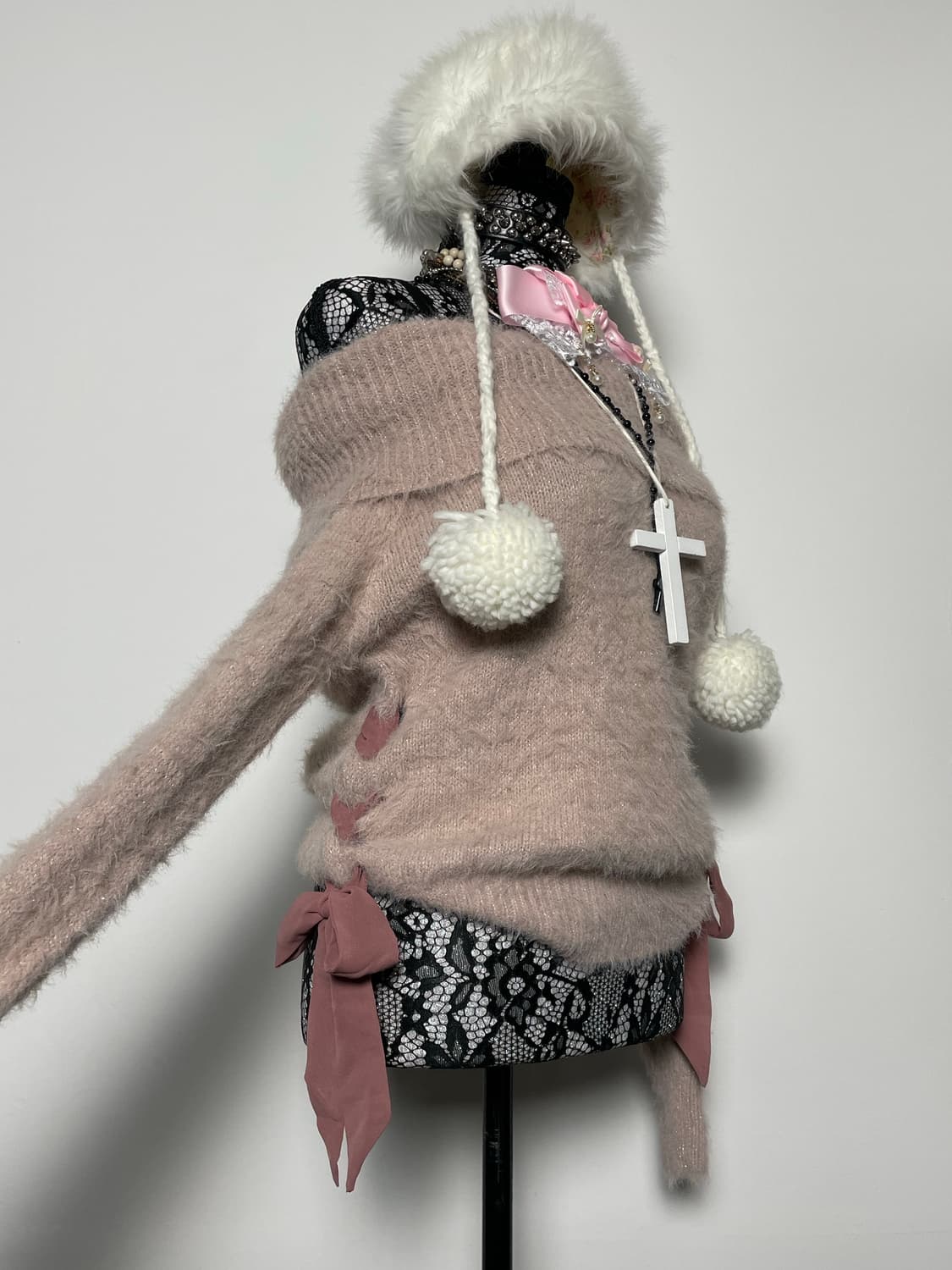 Jpn 아일렛 리본 히메갸루 퍼 오프숄더 핑크 니트 상품이미지2