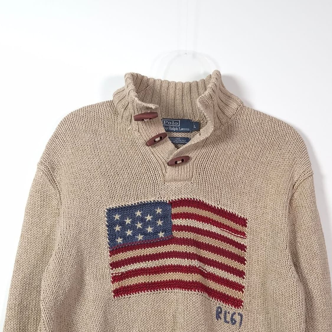 폴로 랄프로렌 성조기 리넨 코튼 실크 혼방 하프버튼 니트 L 상품이미지3
